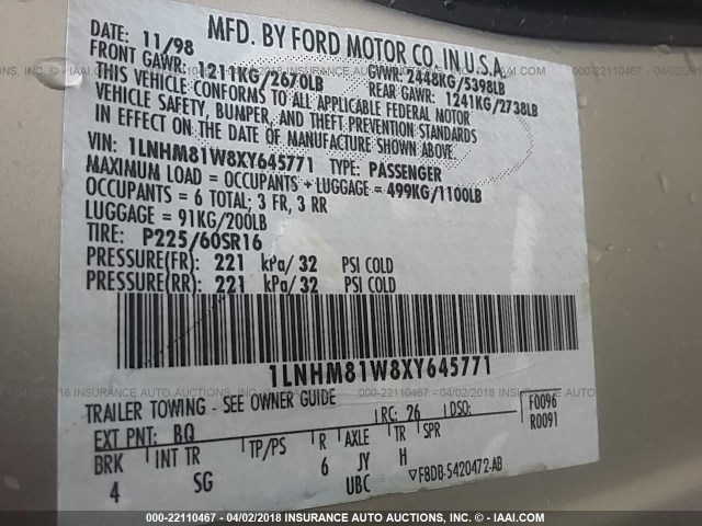 1LNHM81W8XY645771 - 1999 LINCOLN TOWN CAR EXECUTIVE Оловянный фото 9