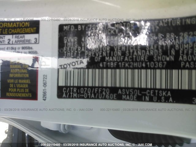 4T1BF1FK2HU410367 - 2017 TOYOTA CAMRY LE/XLE/SE/XSE თეთრი ფოტო 9