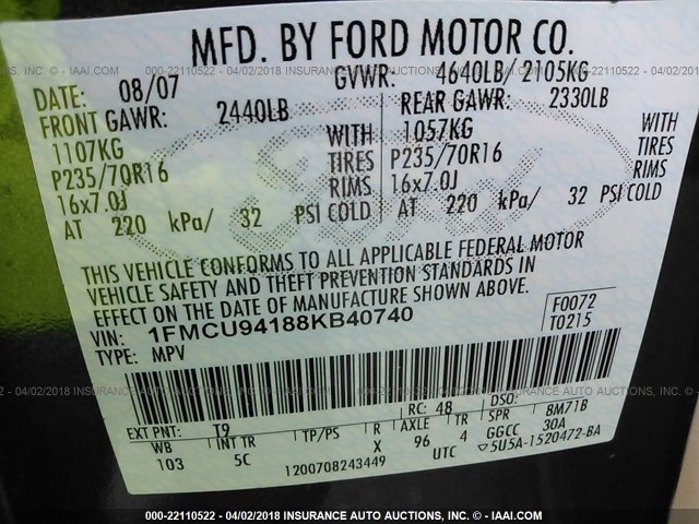 1FMCU94188KB40740 - 2008 FORD ESCAPE LIMITED GRAY photo 9