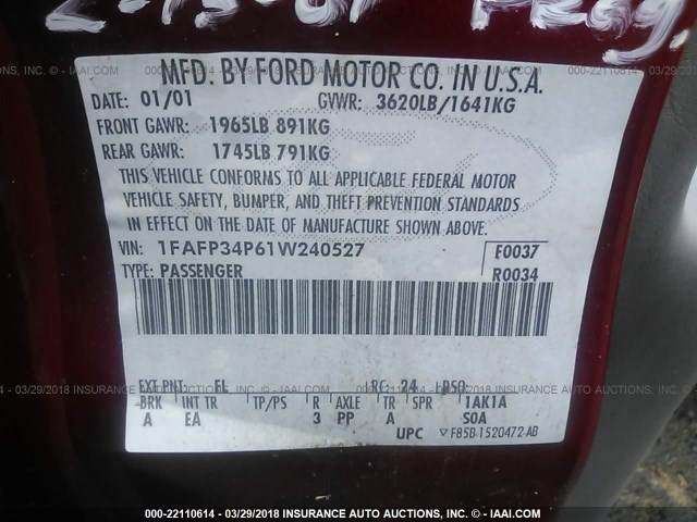 1FAFP34P61W240527 - 2001 FORD FOCUS SE/SE COMFORT RED photo 9