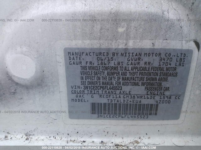 3N1CE2CP6FL445523 - 2015 NISSAN VERSA NOTE S/S PLUS/SV/SL/SR WHITE photo 9