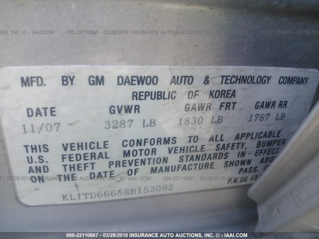 KL1TD66658B153092 - 2008 CHEVROLET AVEO LS SILVER photo 9