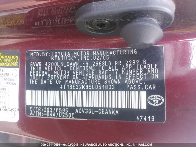 4T1BE32K85U051803 - 2005 TOYOTA CAMRY LE/XLE/SE 栗色 照片 9