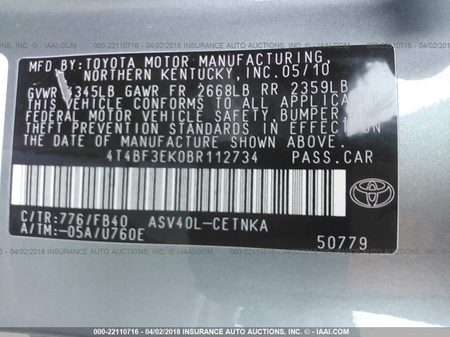 4T4BF3EK0BR112734 - 2011 TOYOTA CAMRY SE/LE/XLE TEAL photo 9