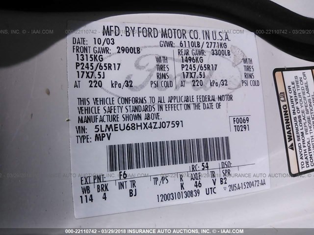 5LMEU68HX4ZJ07591 - 2004 LINCOLN AVIATOR WHITE photo 9