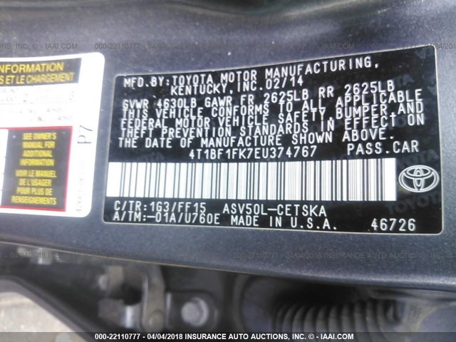 4T1BF1FK7EU374767 - 2014 TOYOTA CAMRY L/SE/LE/XLE ნაცრისფერი ფოტო 9