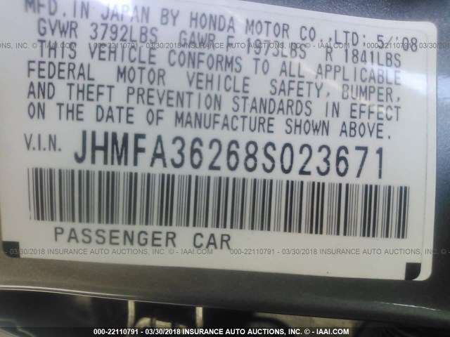 JHMFA36268S023671 - 2008 HONDA CIVIC HYBRID GRAY photo 9