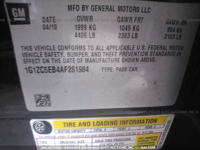 1G1ZC5EB4AF261984 - 2010 CHEVROLET MALIBU 1LT BLACK photo 9