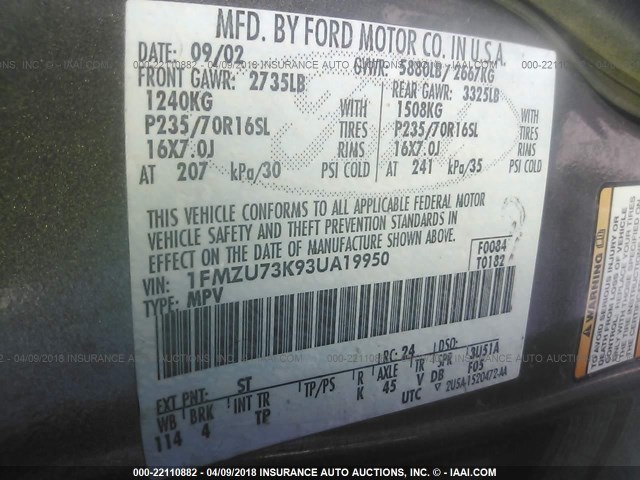 1FMZU73K93UA19950 - 2003 FORD EXPLORER XLT/XLT SPORT/NBX 绿色 照片 9