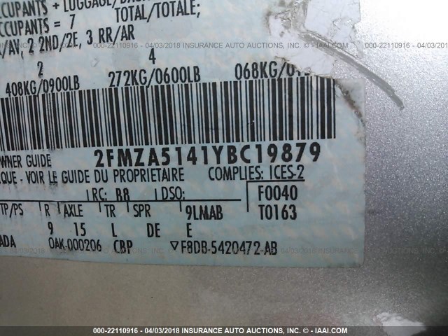 2FMZA5141YBC19879 - 2000 FORD WINDSTAR LX GRAY photo 9