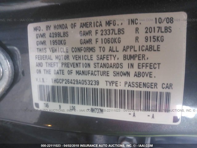 1HGCP26429A053239 - 2009 HONDA ACCORD LXP GRAY photo 9