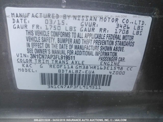 3N1CN7AP3FL919511 - 2015 NISSAN VERSA S/S PLUS/SV/SL GRAY photo 9