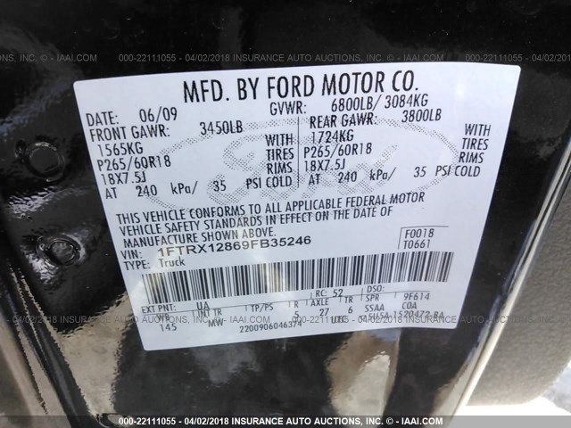 1FTRX12869FB35246 - 2009 FORD F150 SUPER CAB BLACK photo 9