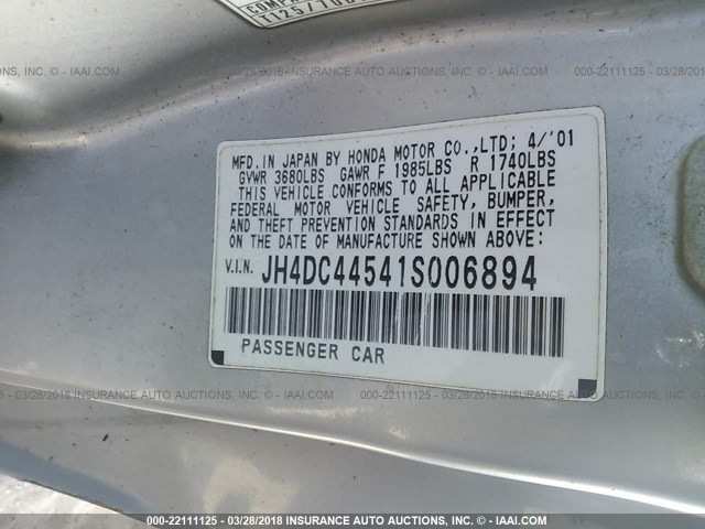 JH4DC44541S006894 - 2001 ACURA INTEGRA LS SILVER photo 9