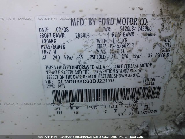 2LMDU68C68BJ22170 - 2008 LINCOLN MKX WHITE photo 9