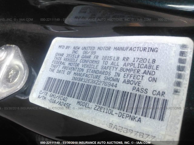 1NXBR12E3XZ276944 - 1999 TOYOTA COROLLA VE/CE/LE 绿色 照片 9