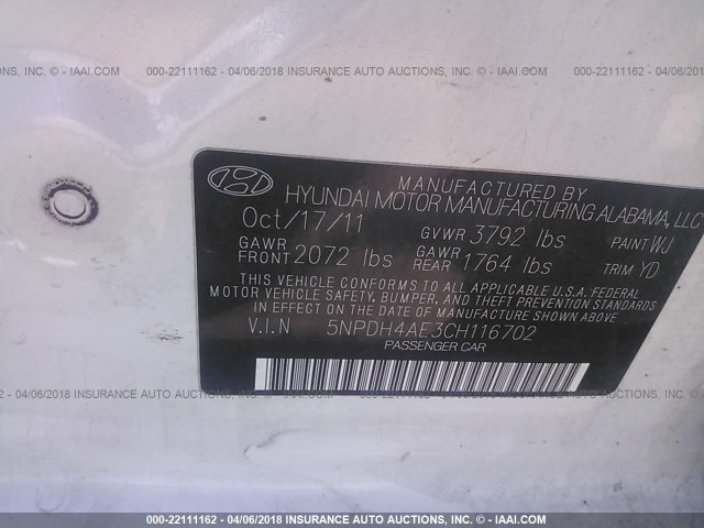 5NPDH4AE3CH116702 - 2012 HYUNDAI ELANTRA GLS/LIMITED WHITE photo 9