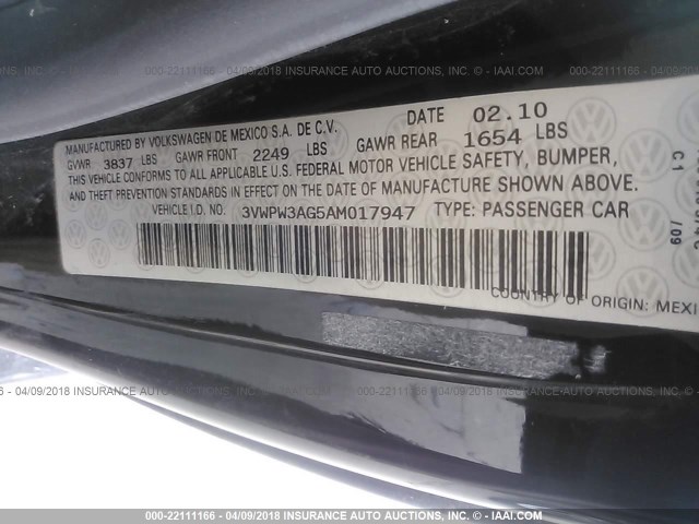 3VWPW3AG5AM017947 - 2010 VOLKSWAGEN NEW BEETLE 黑色 照片 9