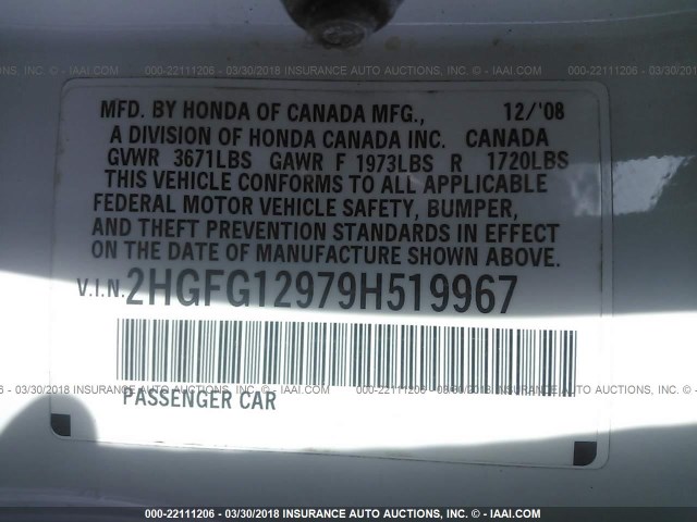 2HGFG12979H519967 - 2009 HONDA CIVIC EXL Ağ foto 9