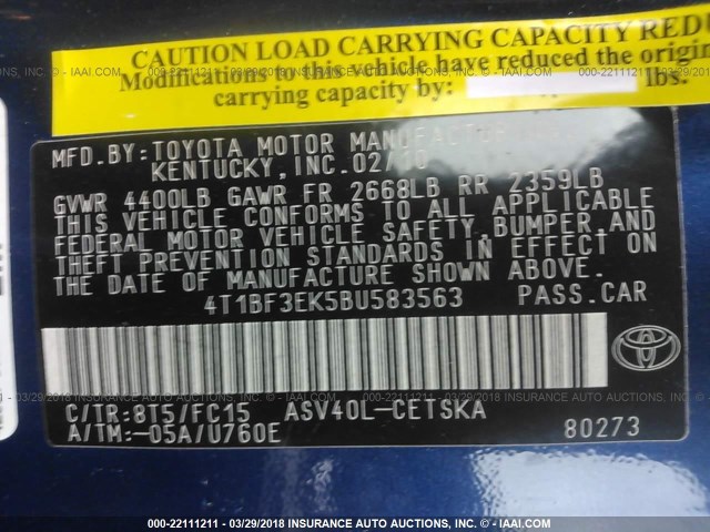 4T1BF3EK5BU583563 - 2011 TOYOTA CAMRY SE/LE/XLE BLUE photo 9