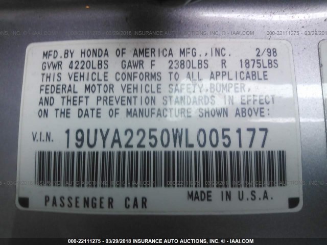 19UYA2250WL005177 - 1998 ACURA 3.0CL GRAY photo 9