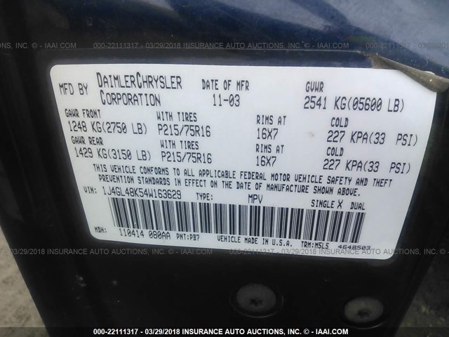 1J4GL48K54W163629 - 2004 JEEP LIBERTY SPORT 蓝色 照片 9