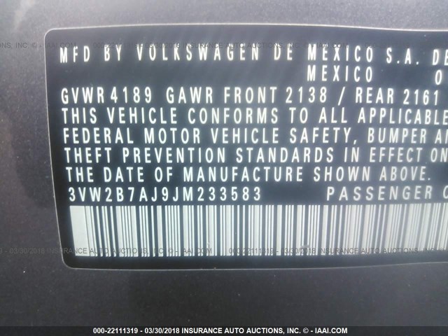 3VW2B7AJ9JM233583 - 2018 VOLKSWAGEN JETTA S 灰色 照片 9