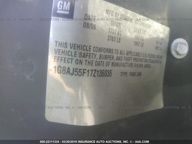 1G8AJ55F17Z136035 - 2007 SATURN ION LEVEL 2 GOLD photo 9