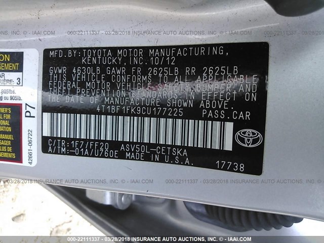 4T1BF1FK9CU177225 - 2012 TOYOTA CAMRY SE/LE/XLE Күміс фото 9