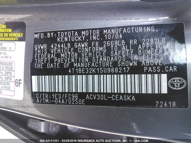 4T1BE32K15U988217 - 2005 TOYOTA CAMRY LE/XLE/SE GRAY photo 9