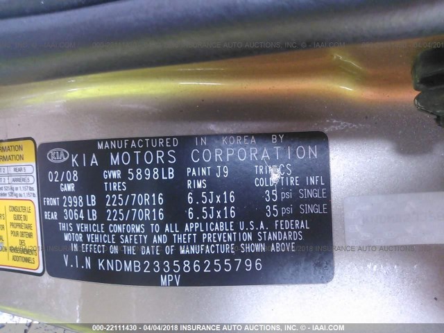 KNDMB233586255796 - 2008 KIA SEDONA EX/LX GOLD photo 9