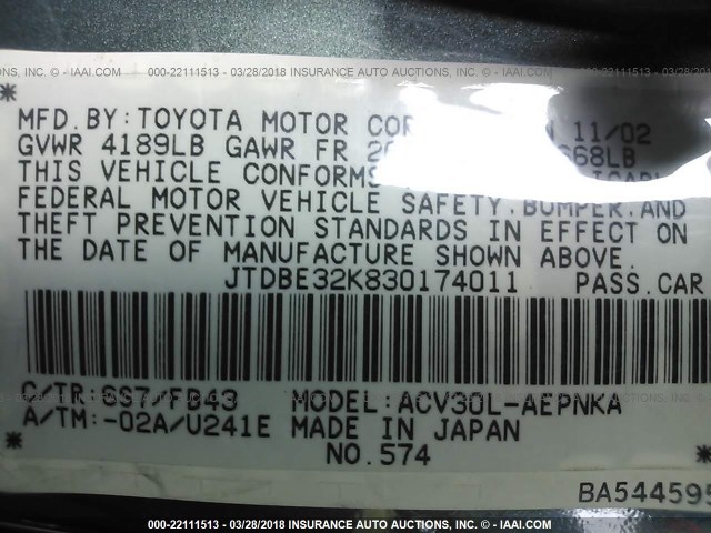 JTDBE32K830174011 - 2003 TOYOTA CAMRY LE/XLE GREEN photo 9