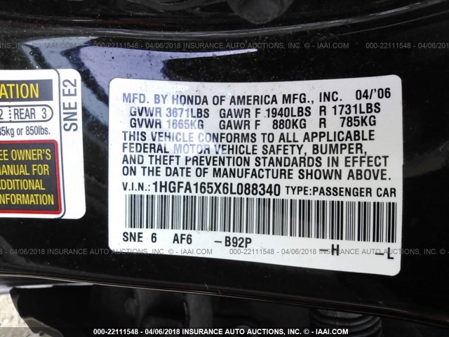 1HGFA165X6L088340 - 2006 HONDA CIVIC LX BLACK photo 9