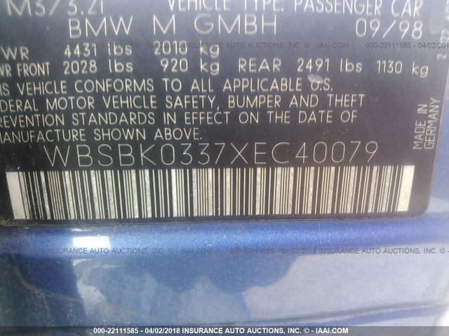 WBSBK0337XEC40079 - 1999 BMW M3 AUTOMATIC BLUE photo 9