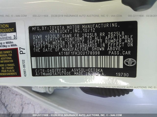 4T1BF1FK3CU178998 - 2012 TOYOTA CAMRY SE/LE/XLE WHITE photo 9