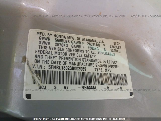 5FNRL18023B002069 - 2003 HONDA ODYSSEY EXL SILVER photo 9