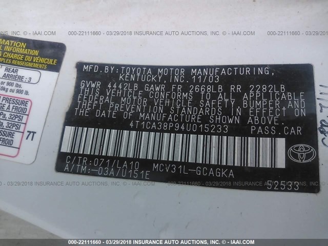 4T1CA38P94U015233 - 2004 TOYOTA CAMRY SOLARA SE/SLE თეთრი ფოტო 9