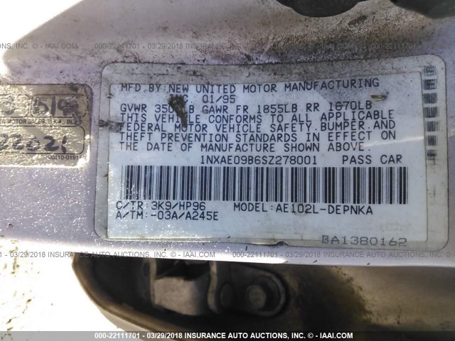 1NXAE09B6SZ278001 - 1995 TOYOTA COROLLA LE/DX 锡色 照片 9