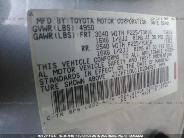 JTJHF10U110204265 - 2001 LEXUS RX 300 GRAY photo 9