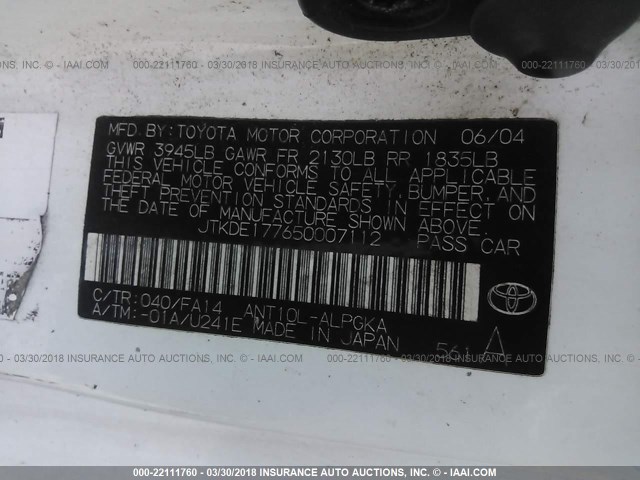 JTKDE177650007112 - 2005 TOYOTA SCION TC 白色 照片 9