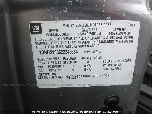 1GNDS13S622248654 - 2002 CHEVROLET TRAILBLAZER  GRAY photo 9