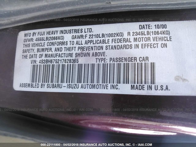 4S3BH675217628365 - 2001 SUBARU LEGACY OUTBACK AWP 栗色 照片 9