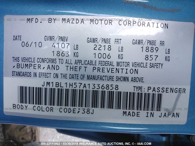 JM1BL1H57A1336858 - 2010 MAZDA 3 S BLUE photo 9