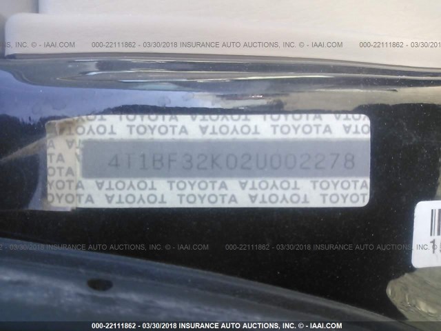 4T1BF32K02U002278 - 2002 TOYOTA CAMRY LE/XLE/SE შავი ფოტო 9