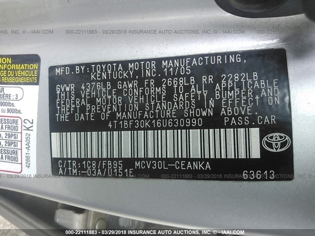 4T1BF30K16U630990 - 2006 TOYOTA CAMRY LE/XLE/SE SILVER photo 9