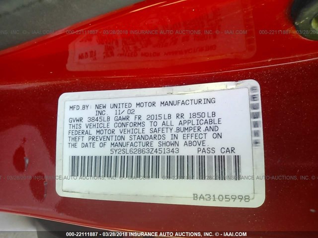 5Y2SL62863Z451343 - 2003 PONTIAC VIBE RED photo 9