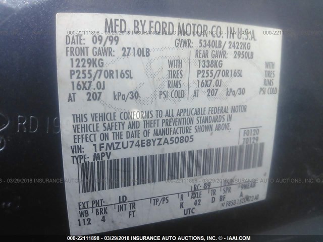 1FMZU74E8YZA50805 - 2000 FORD EXPLORER EDDIE BAUER BLUE photo 9