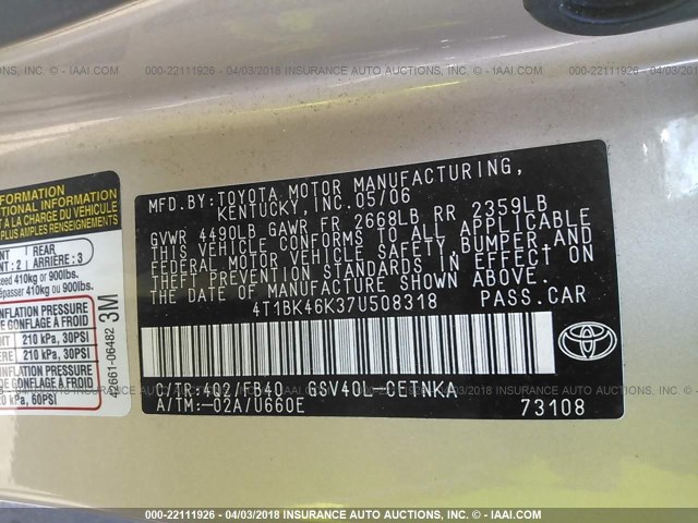 4T1BK46K37U508318 - 2007 TOYOTA CAMRY NEW GENERAT LE/XLE/SE TAN photo 9