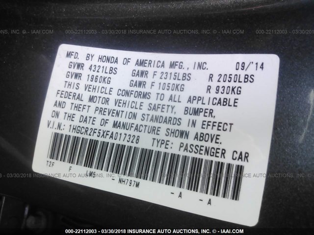 1HGCR2F5XFA017328 - 2015 HONDA ACCORD SPORT 灰色 照片 9