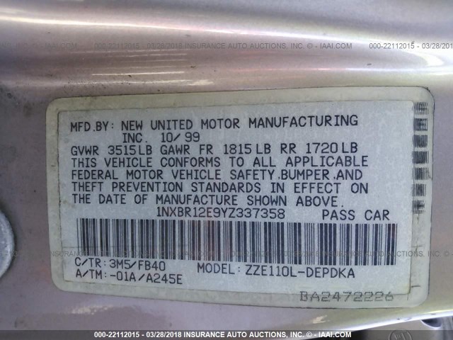 1NXBR12E9YZ337358 - 2000 TOYOTA COROLLA VE/CE/LE 棕色 照片 9